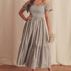 Storia Smocked Off the Shoulder Midi Dress